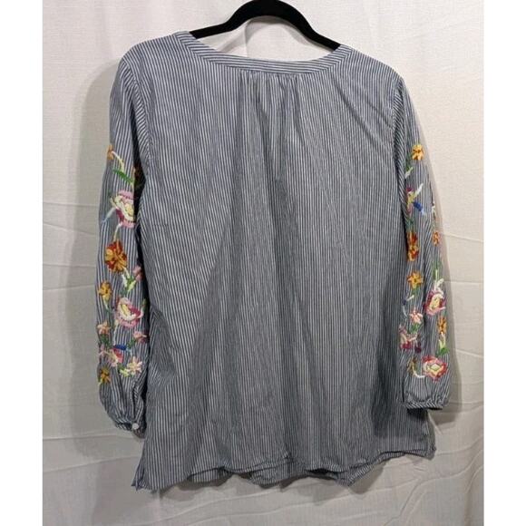 Talbot's Women's Striped Embroidered Floral Blouse Sz 1X Cotton Popover Boho - Picture 4 of 7